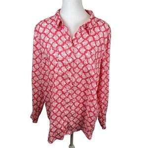Boden 100% Linen Button Down Shirt Coral and White Seashell Print - Size 12